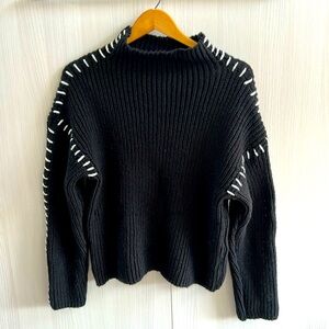 Black Ribbed Cowl Sweater with Contrast Stitching